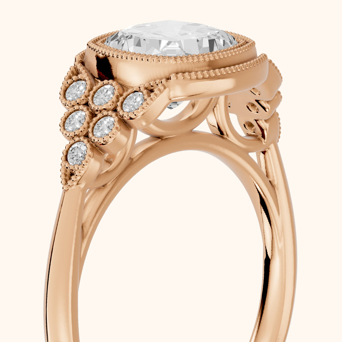 Effie Vintage Bezel Cushion Diamond Engagement Ring in Rose Gold - slant-view.webp
