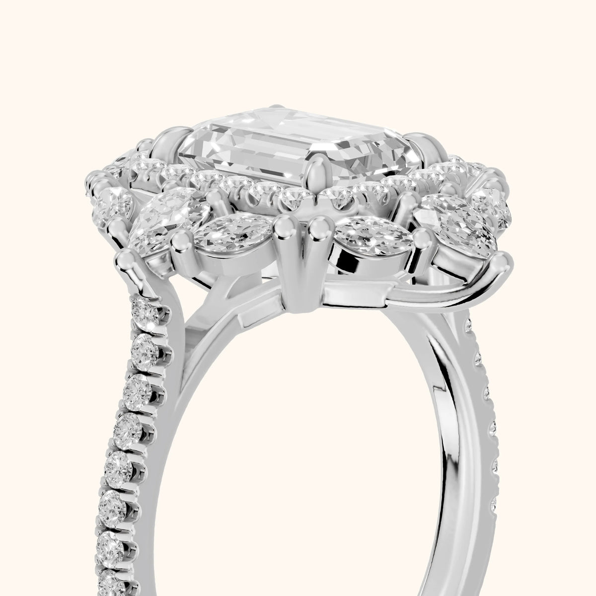 Gianna Vintage Double Halo Emerald Diamond Engagement Ring in Silver - slant-view.webp