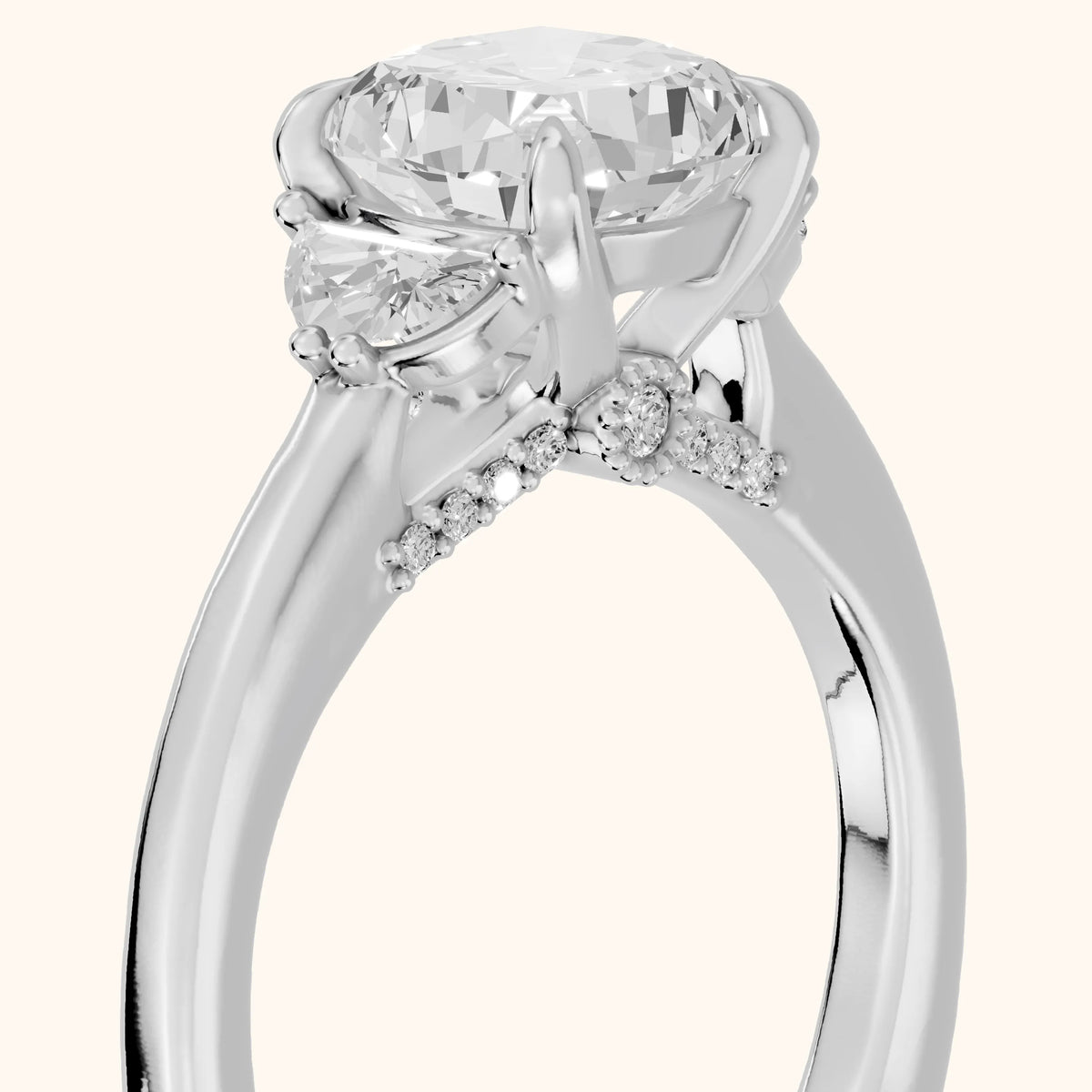 Geneva Half-Moon Three-Stone Cushion Diamond Engagement Ring in Platinum - slant-view.webp