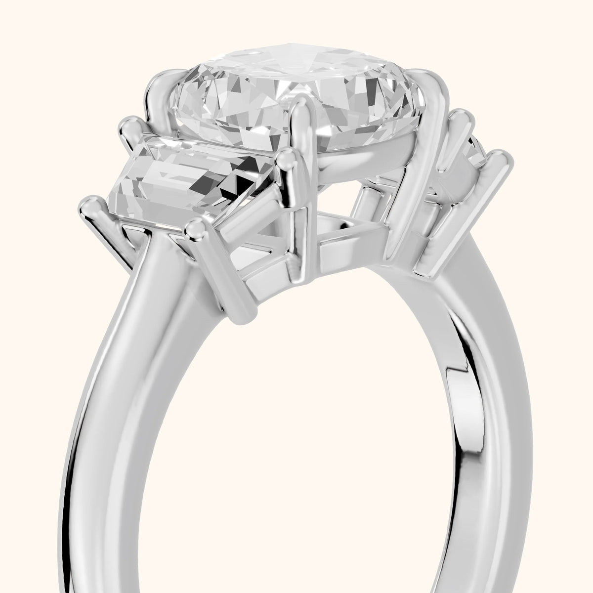 Filippa Trapezoid Three-Stone Cushion Diamond Engagement Ring in Platinum - slant-view.webp
