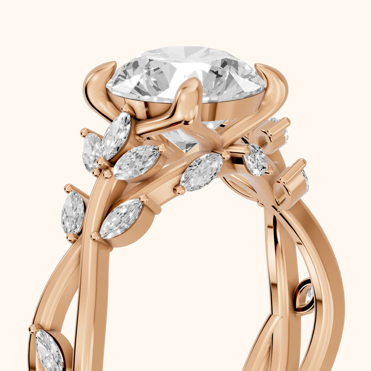 Kona Leaf Twist Round Diamond Engagement Ring in Rose Gold - slant-view.webp