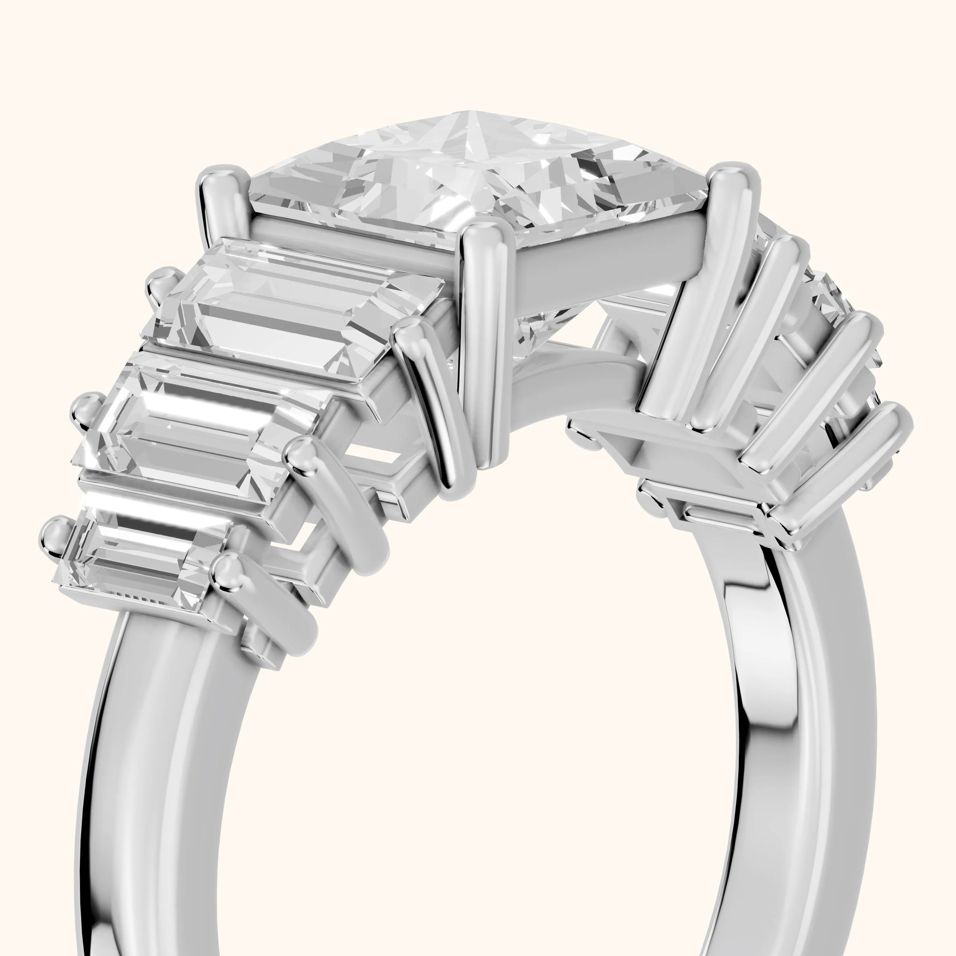 Mara Sidestone Baguette Accent Princess Diamond Engagement Ring in Silver - slant-view.webp