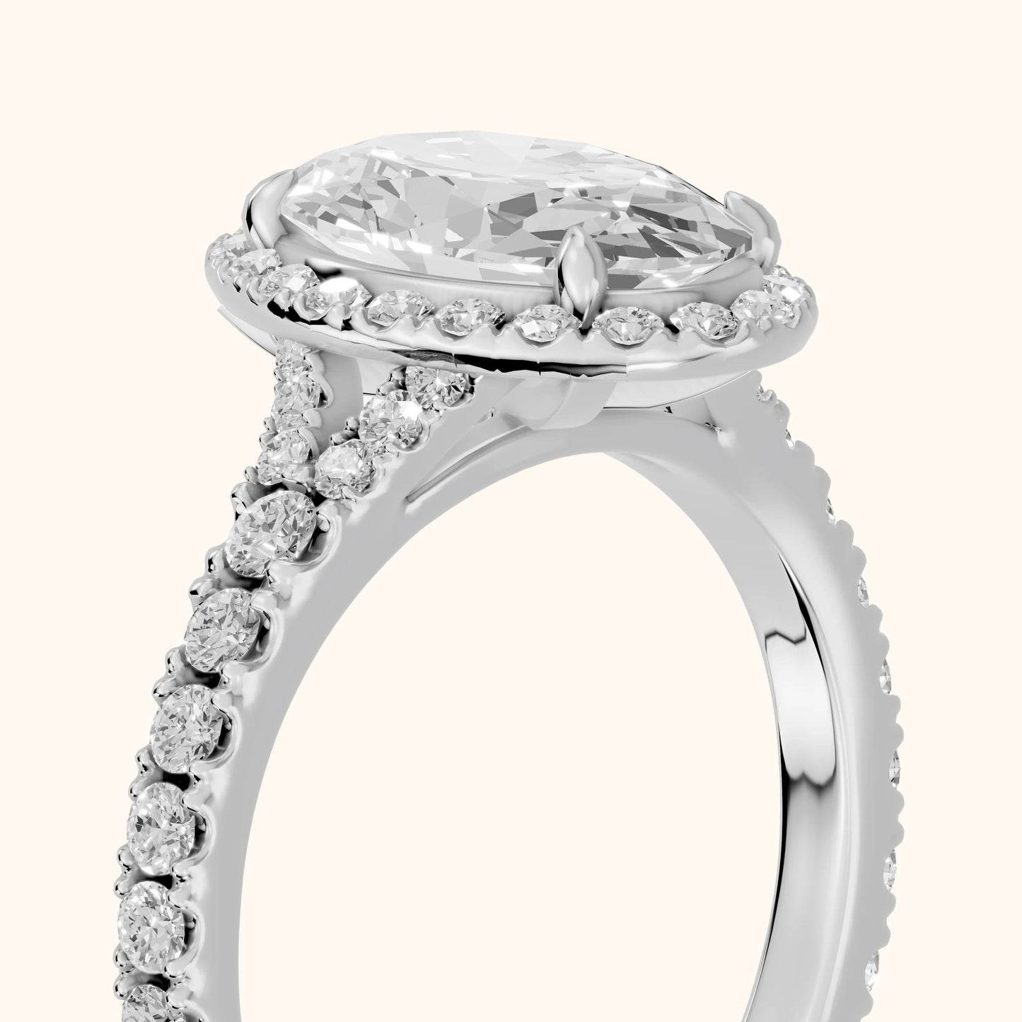 Bella Halo Pavé Oval Diamond Engagement Ring in Silver - slant-view.webp