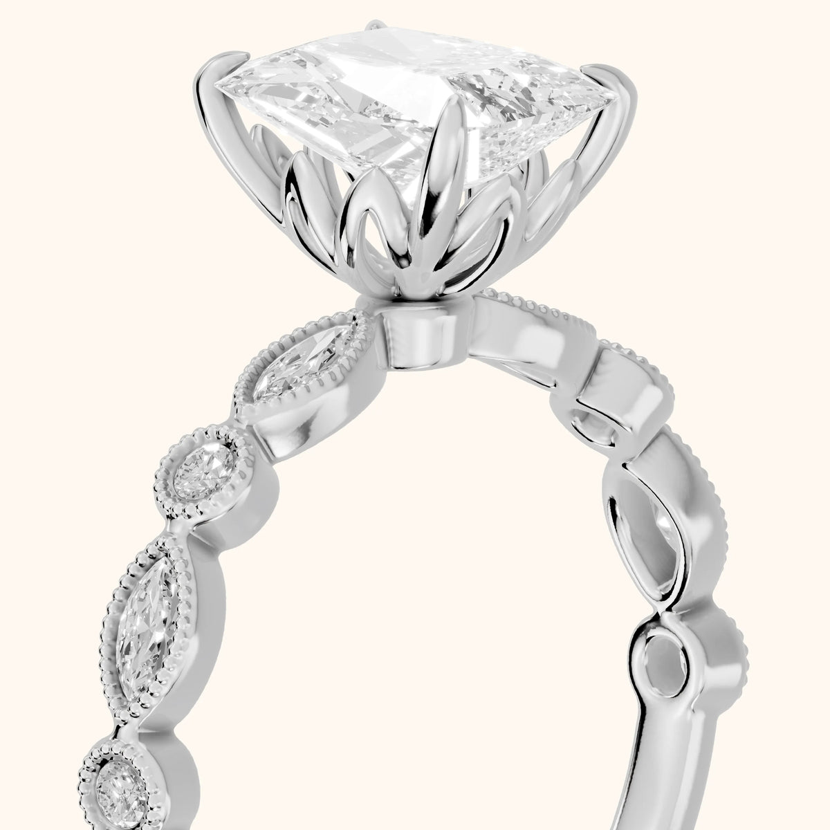Lena Milgrain Leaf Radiant Diamond Engagement Ring in Silver - slant-view.webp