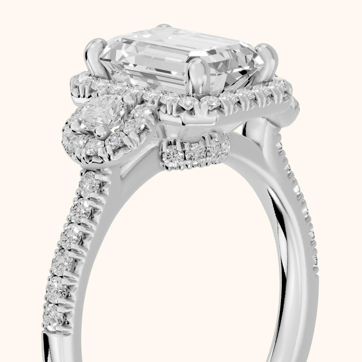 Denver Three-Stone Halo Emerald Diamond Engagement Ring in Silver - slant-view.webp