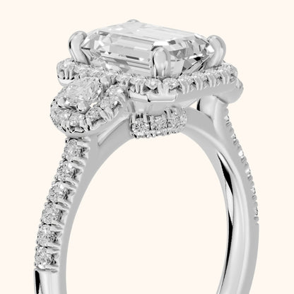 Denver Three-Stone Halo Emerald Diamond Engagement Ring in Silver - slant-view.webp