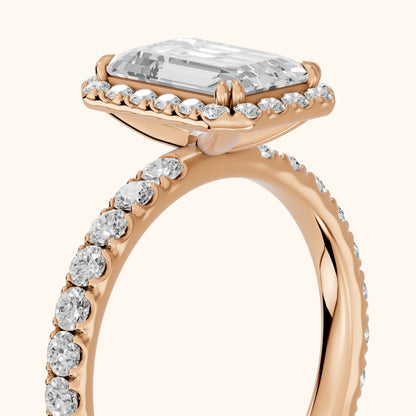 Chloe Halo Pavé Emerald Diamond Ring in Rose Gold - slant-view.webp