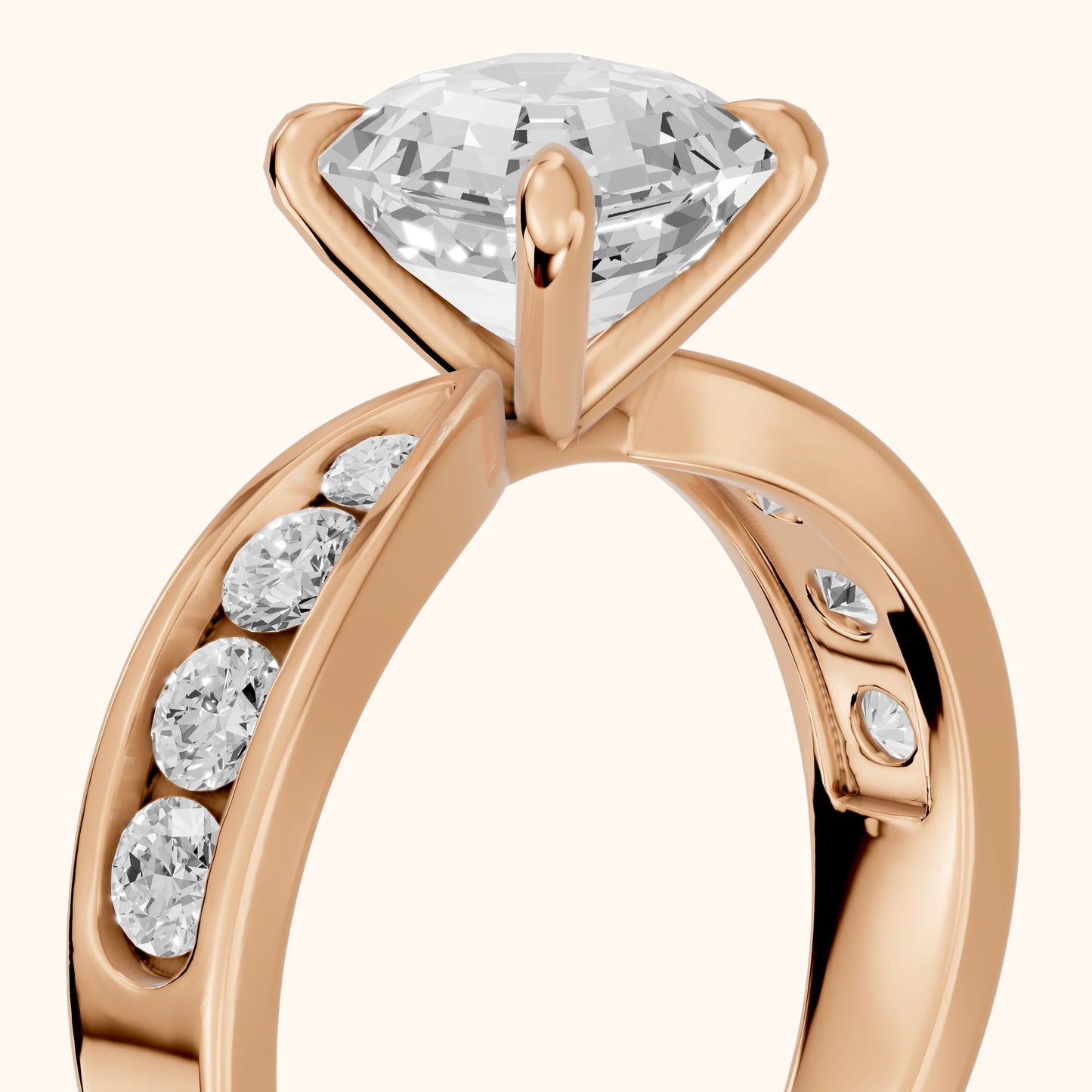 Noor Channel Set Sidestone Asscher Diamond Engagement Ring in Rose Gold - slant-view.webp