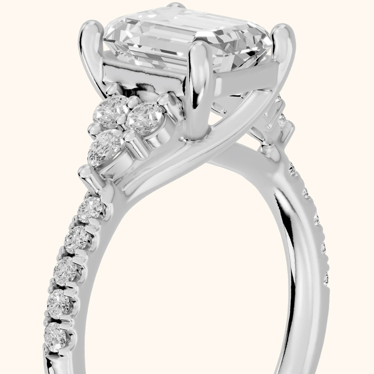 Alta Pavé Cluster Emerald Diamond Engagement Ring in White Gold - slant-view.webp