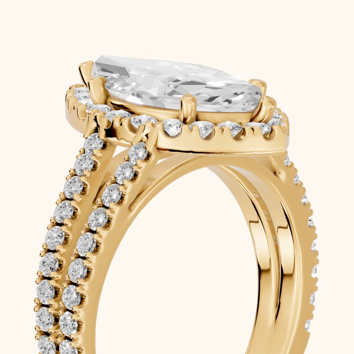 Kira Halo Split Shank Marquise Diamond Engagement Ring in Yellow Gold - slant-view.webp