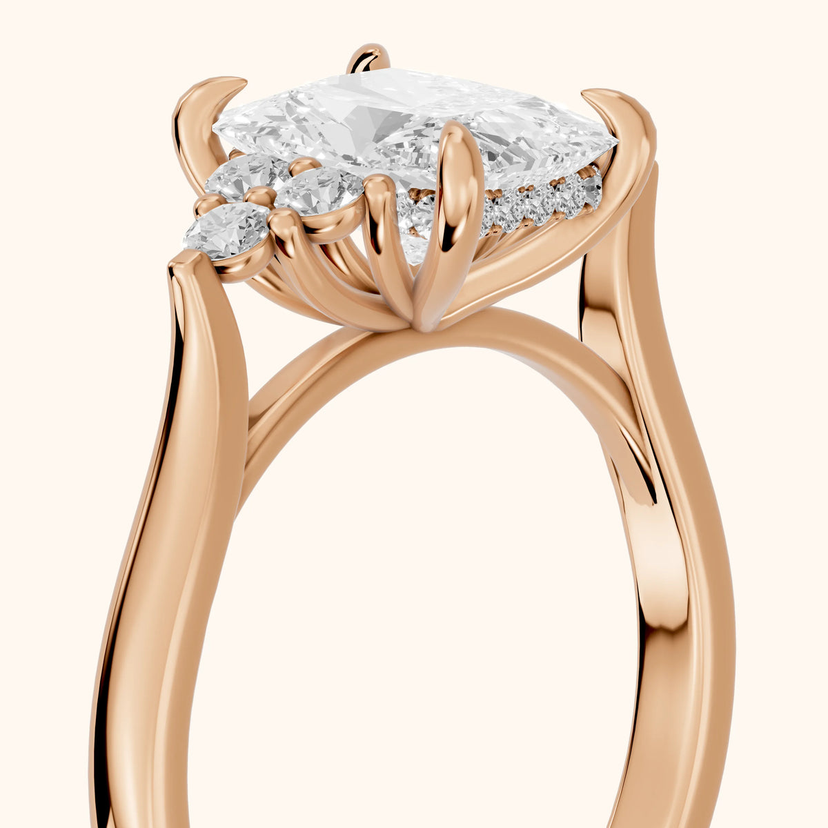 Anya Sidestone Cluster Radiant Diamond Engagement Ring in Rose Gold - slant-view.webp