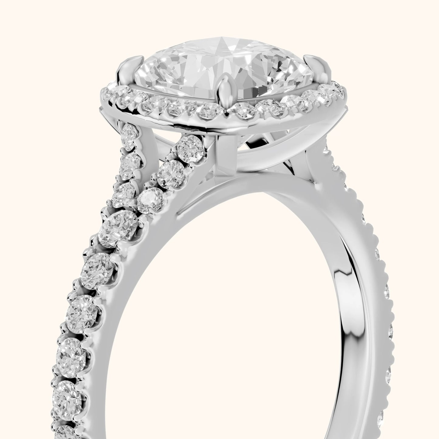 Bella Halo Pavé Cushion Diamond Engagement Ring in Platinum - slant-view.webp