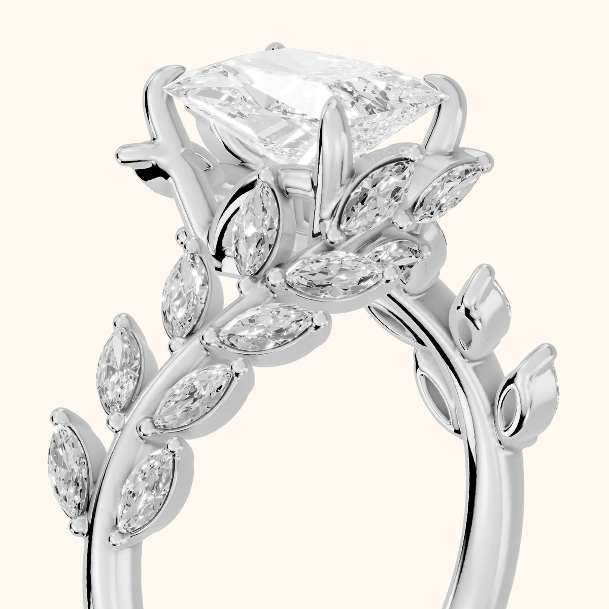 Clarion Leaf Bypass Radiant Diamond Engagement Ring in Silver - slant-view.webp