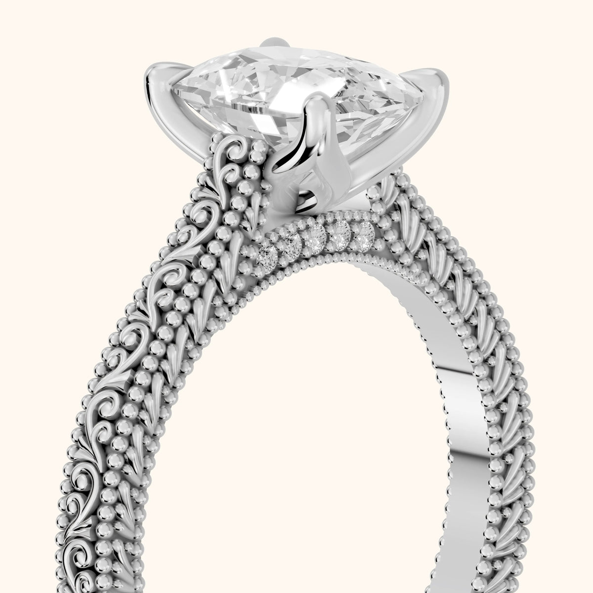 Sierra Hidden Halo Engraved Cushion Diamond Engagement Ring in White Gold - slant-view.webp