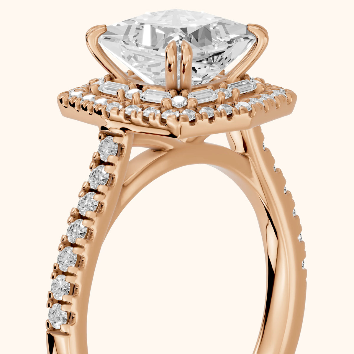 Janelle Double Halo Pavé Princess Diamond Engagement Ring in Rose Gold - slant-view.webp