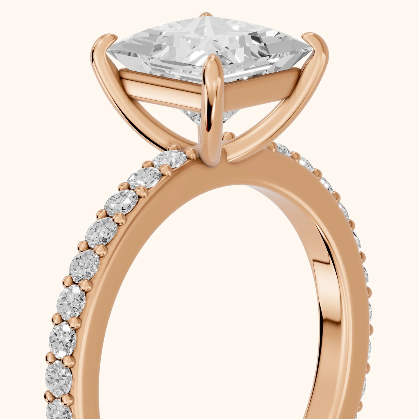 Aisha Pavé Solitaire Princess Diamond Engagement Ring in Rose Gold - slant-view.webp