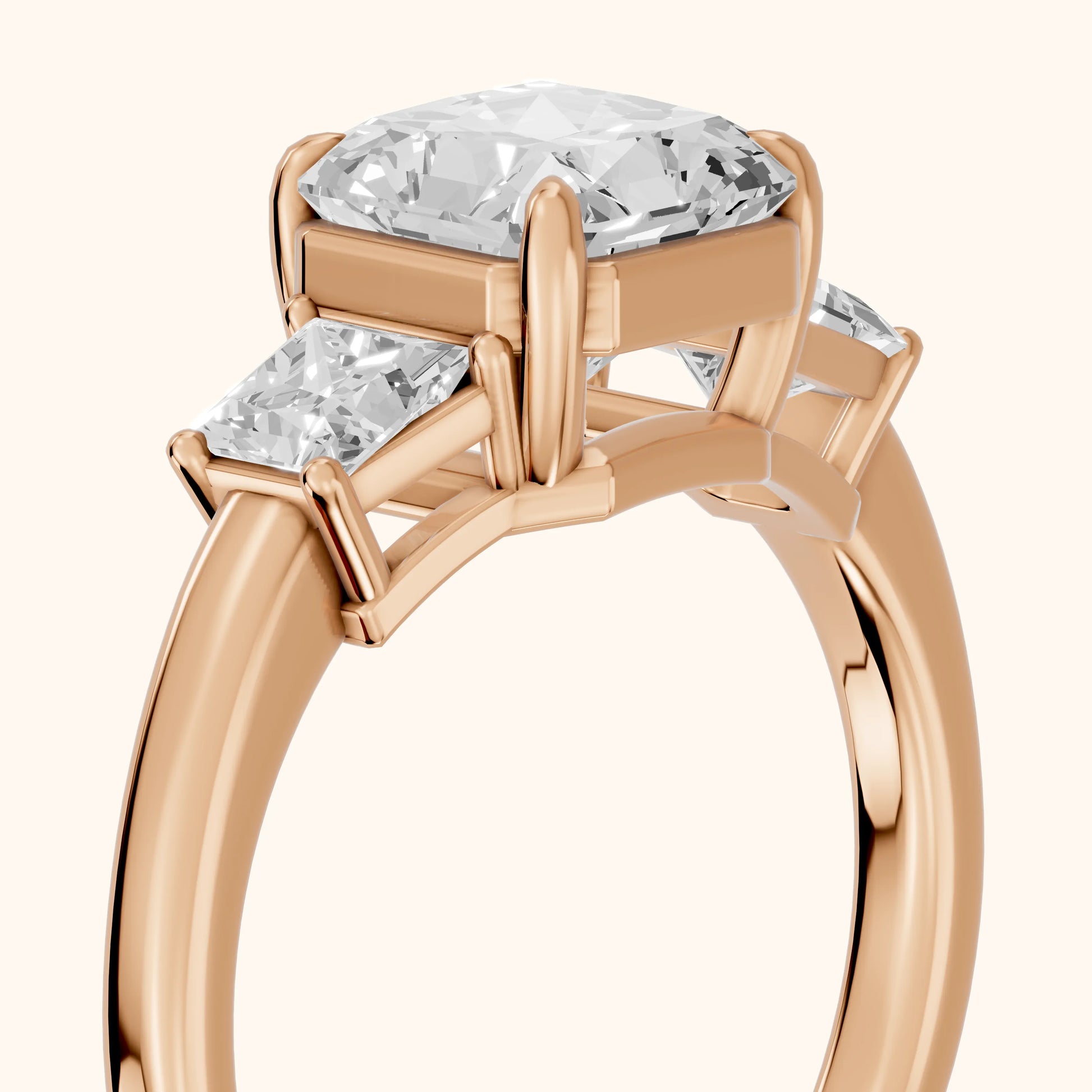 Selena Three-Stone Basket Radiant Diamond Ring in Rose Gold - slant-view.webp