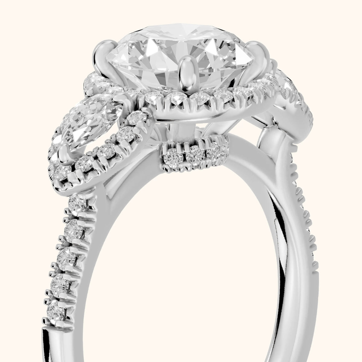 Camden Three-Stone Halo Round Diamond Engagement Ring in White Gold - slant-view.webp