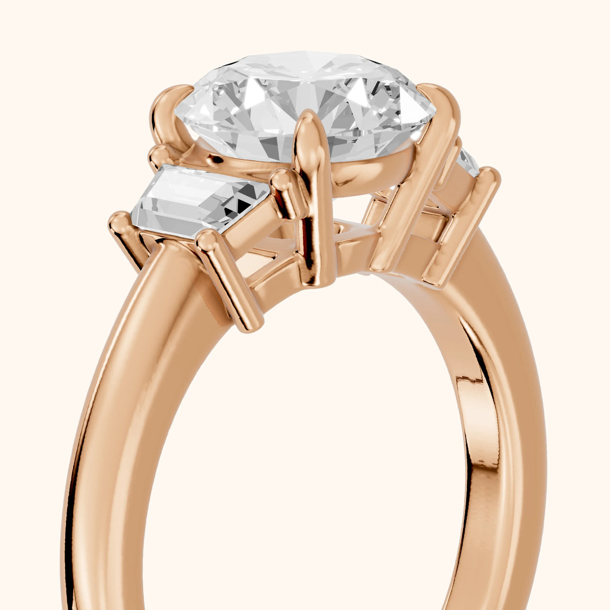 Federica Trapezoid Three-Stone Round Diamond Engagement Ring in Rose Gold - slant-view.webp