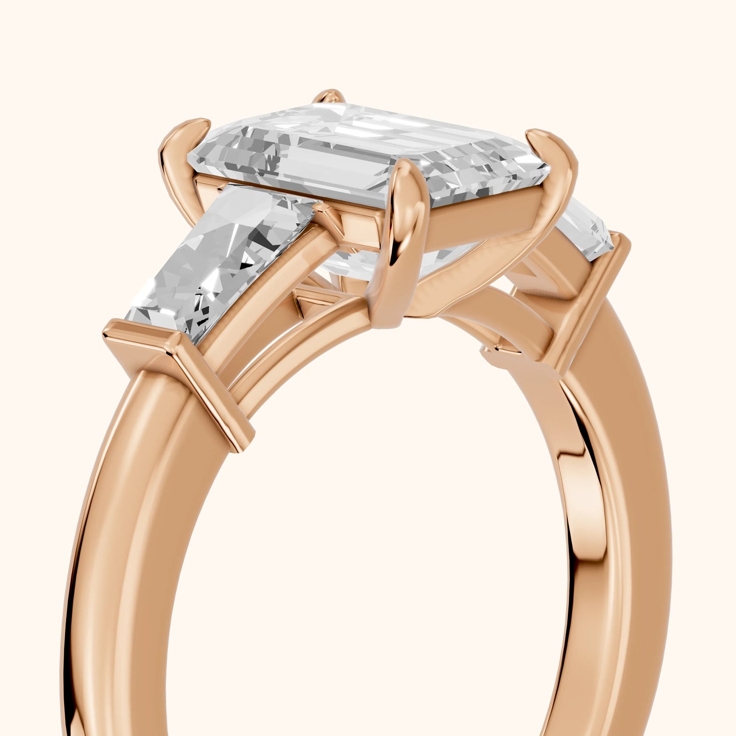 Zelda Tapered Baguette Emerald Diamond Engagement Ring in Rose Gold - slant-view.webp