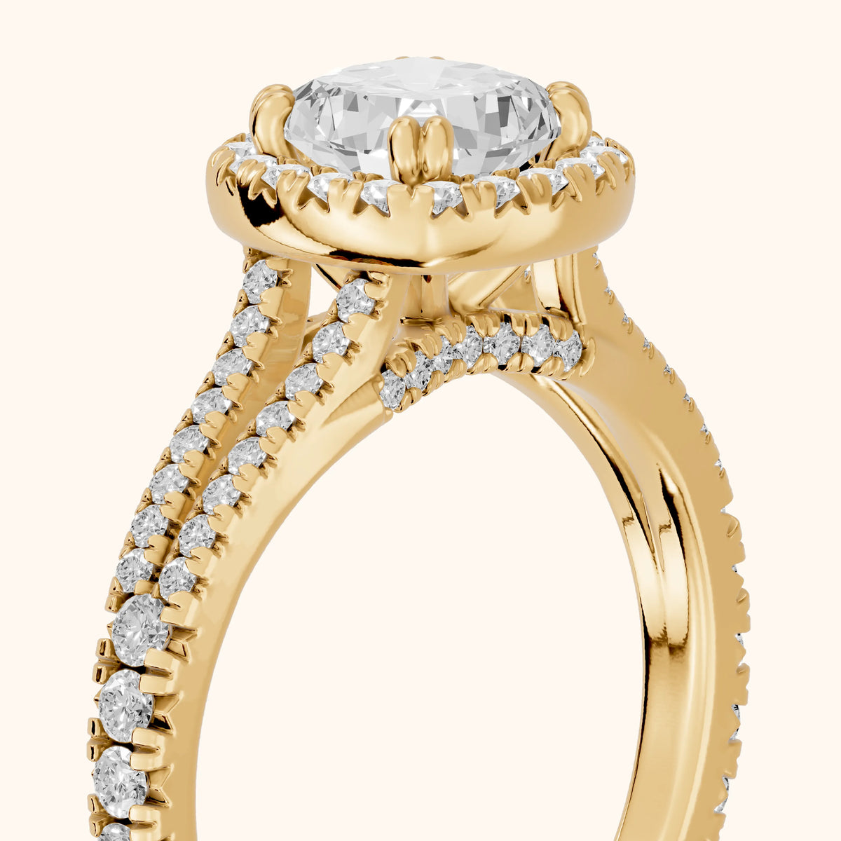Dallas Halo Split Shank Cushion Diamond Engagement Ring in Yellow Gold - slant-view.webp