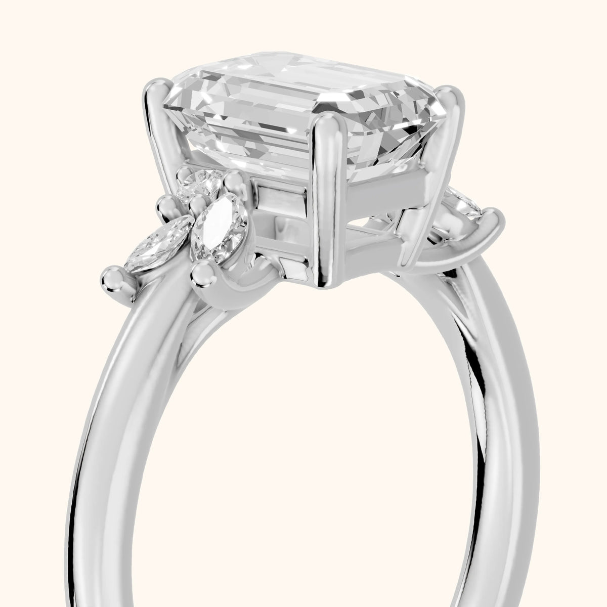 Avon Leaf Cluster Emerald Diamond Engagement Ring in Silver - slant-view.webp