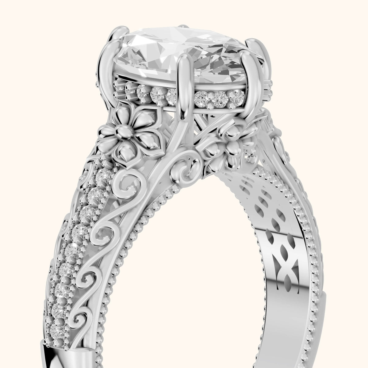 Mystic Hidden Halo Floral Oval Diamond Engagement Ring in Platinum - slant-view.webp