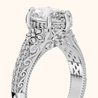 Mystic Hidden Halo Floral Oval Diamond Engagement Ring in Platinum - slant-view.webp