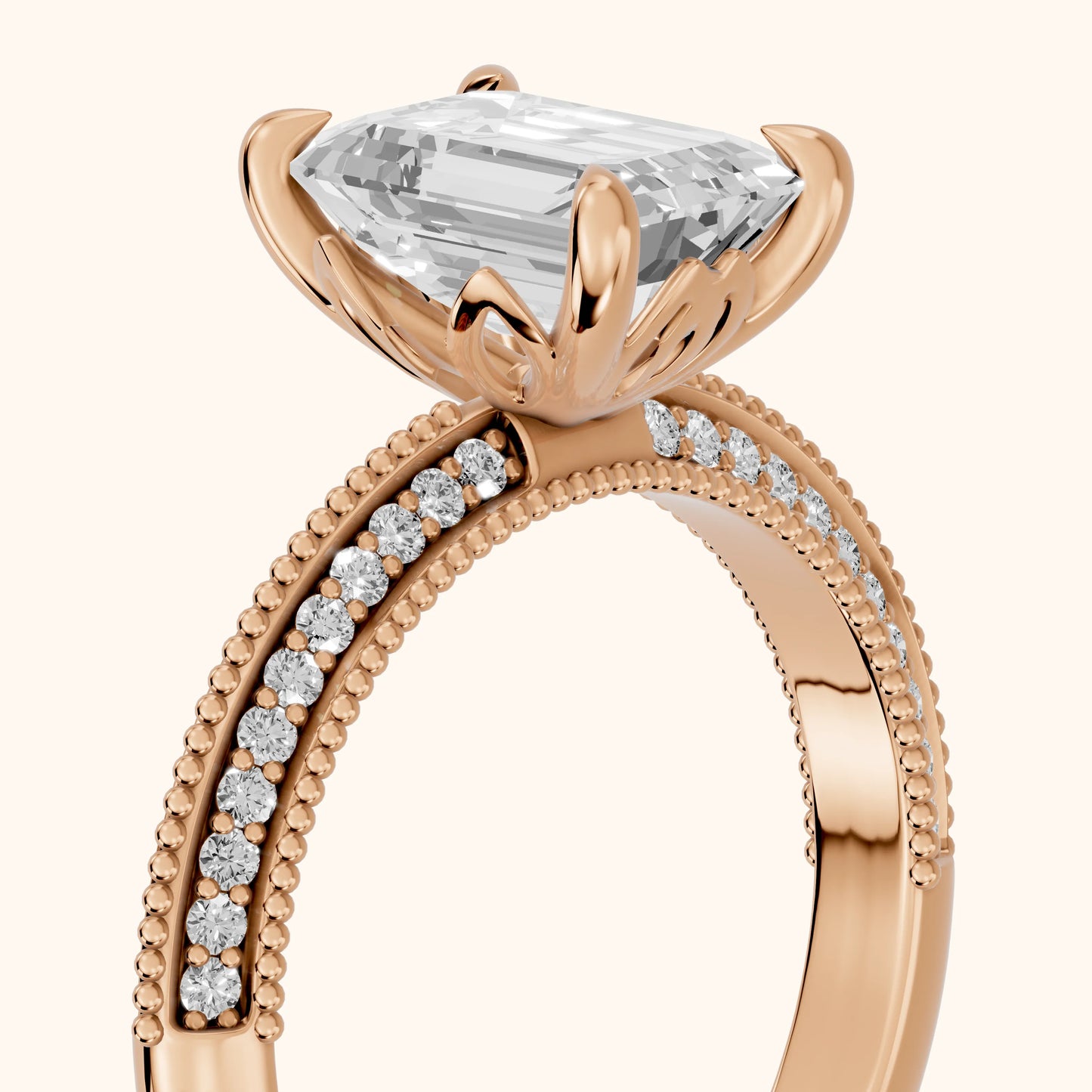 Indie Vintage Milgrain Emerald Diamond Engagement Ring in Rose Gold - slant-view.webp