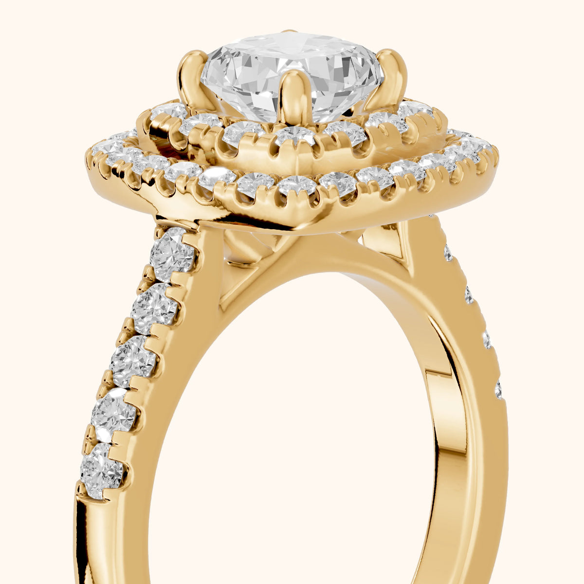 Ashby Double Halo Pavé Cushion Diamond Engagement Ring in Yellow Gold - slant-view.webp