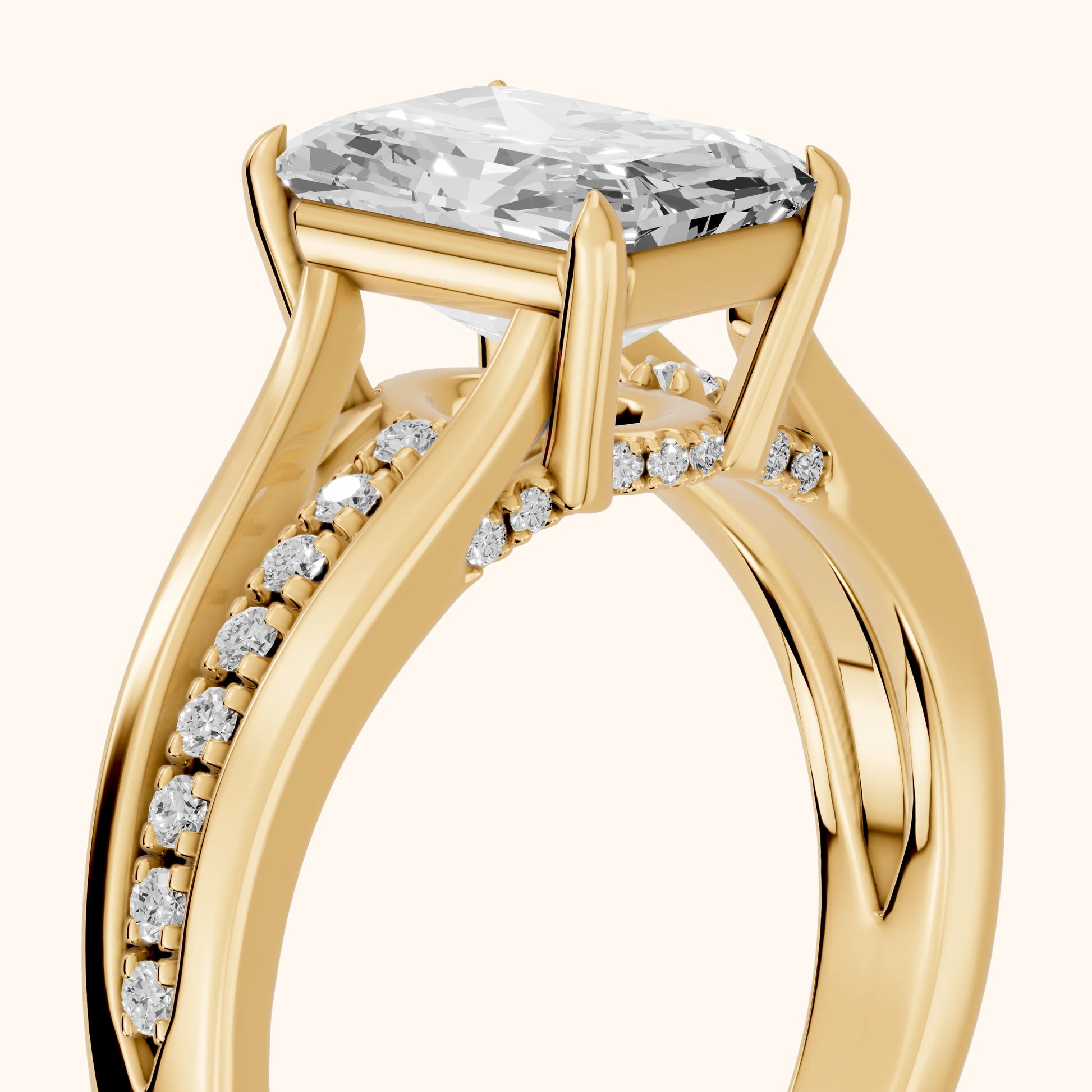 Scarlett Split Shank Pavé Emerald Diamond Ring in Yellow Gold - slant-view.webp