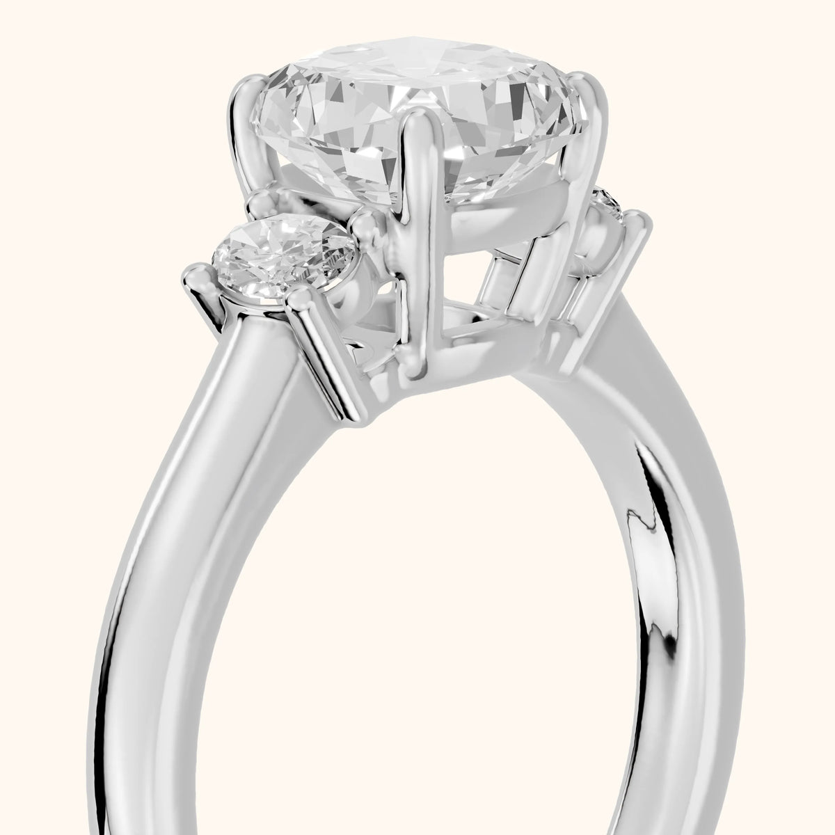 Alya Three-Stone Cathedral Cushion Diamond Engagement Ring in Platinum - slant-view.webp