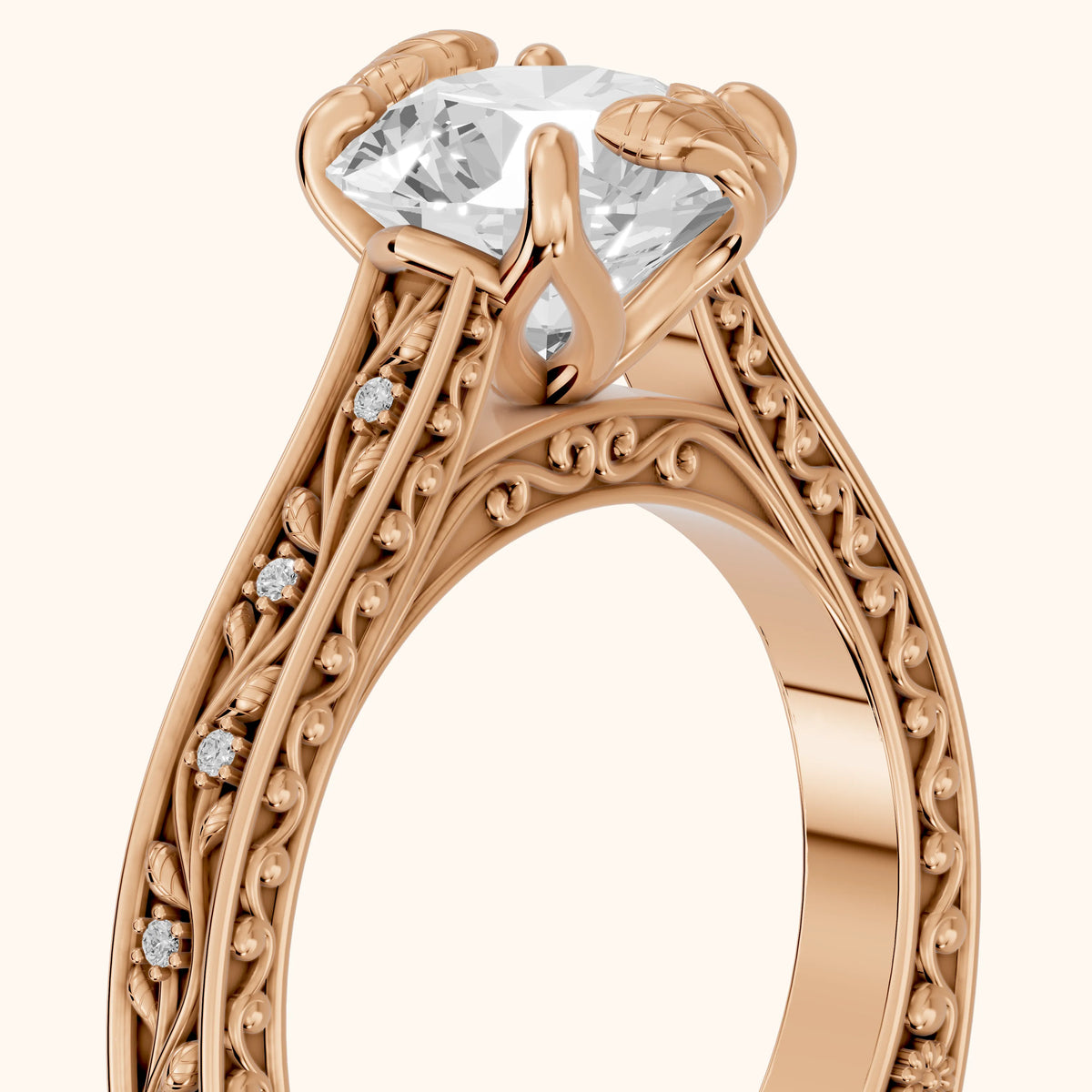 Laguna Vintage Vine Round Diamond Engagement Ring in Rose Gold - slant-view.webp