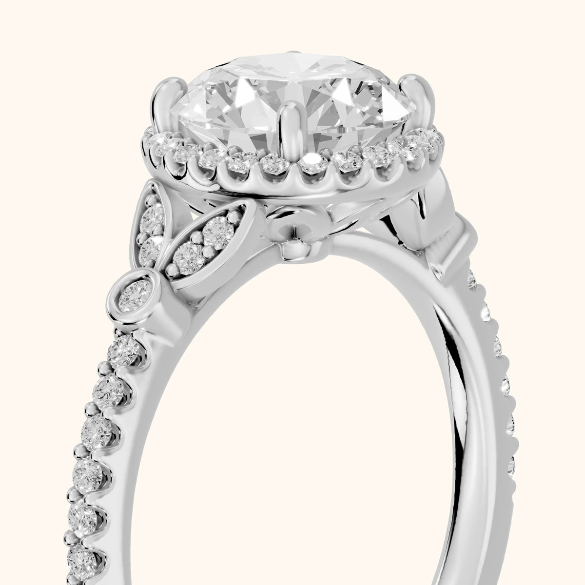 Sitka Leaf Halo Round Diamond Engagement Ring in Silver - slant-view.webp