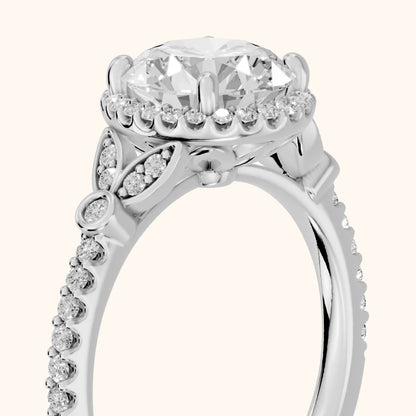 Sitka Leaf Halo Round Diamond Engagement Ring in Silver - slant-view.webp