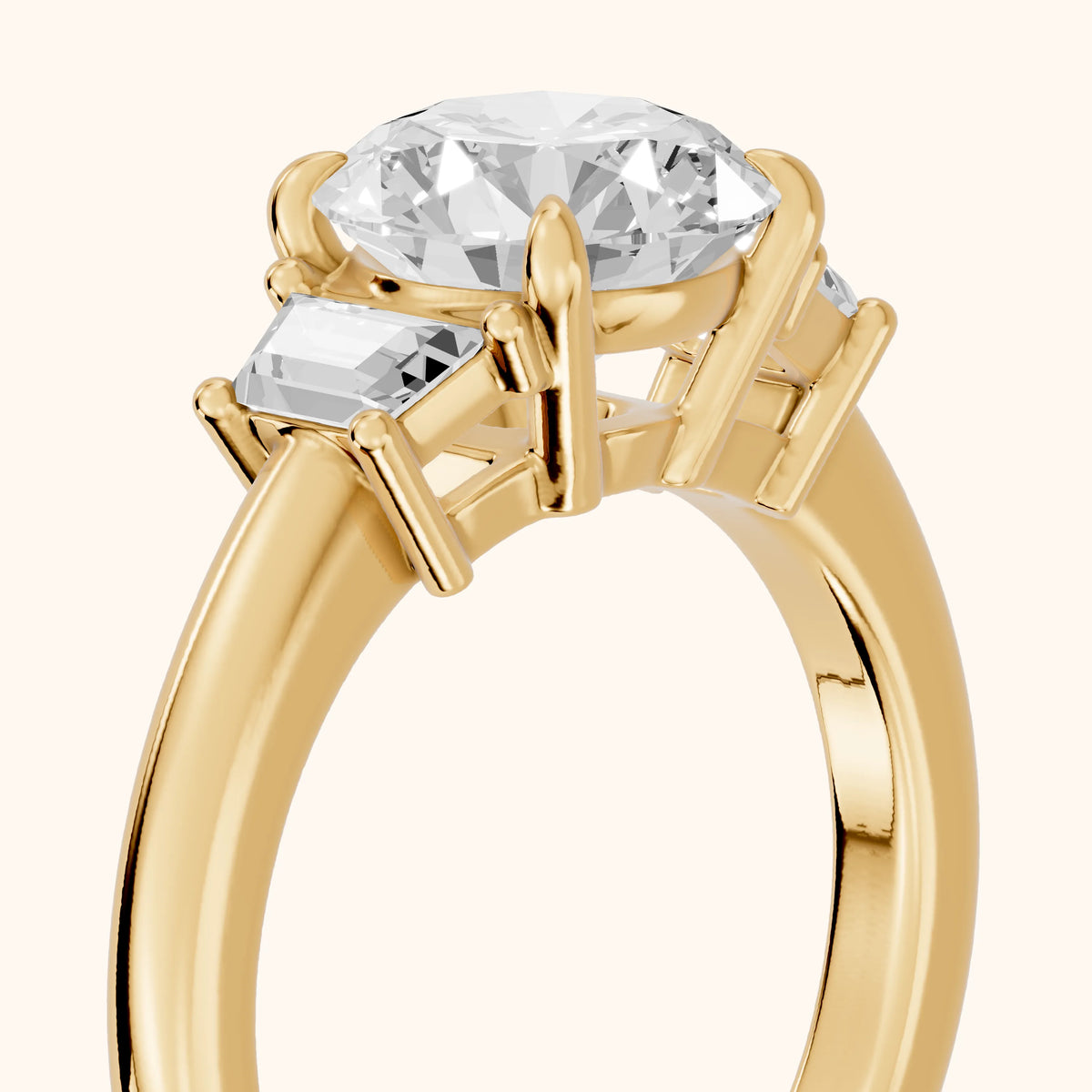 Federica Trapezoid Three-Stone Round Diamond Engagement Ring in Yellow Gold - slant-view.webp