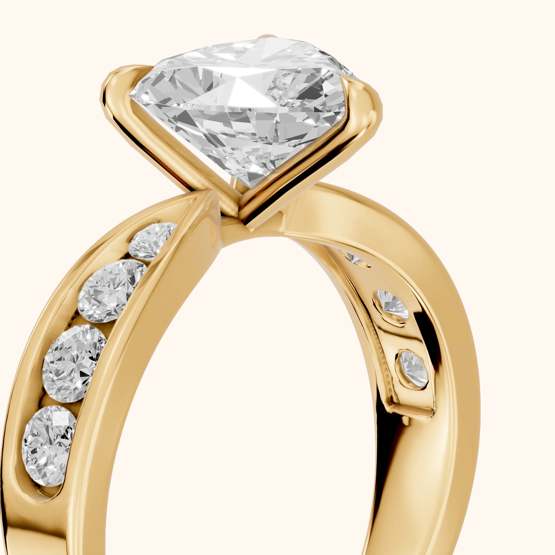 Noor Channel Set Sidestone Heart Diamond Engagement Ring in Yellow Gold - slant-view.webp