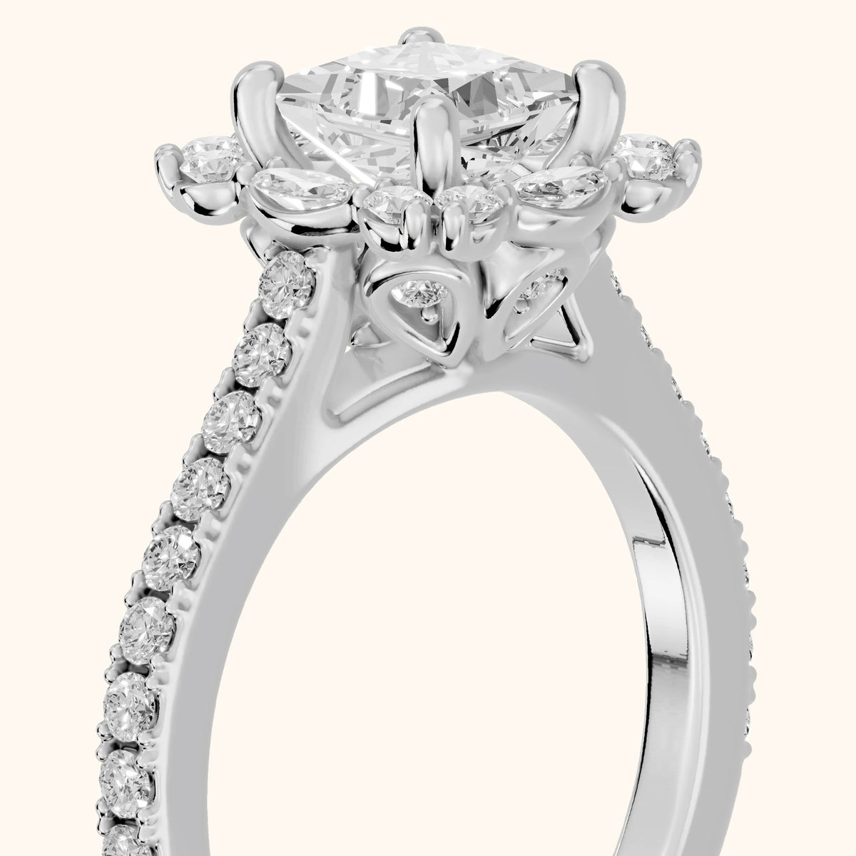Edina Floral Halo Princess Diamond Engagement Ring in White Gold - slant-view.webp