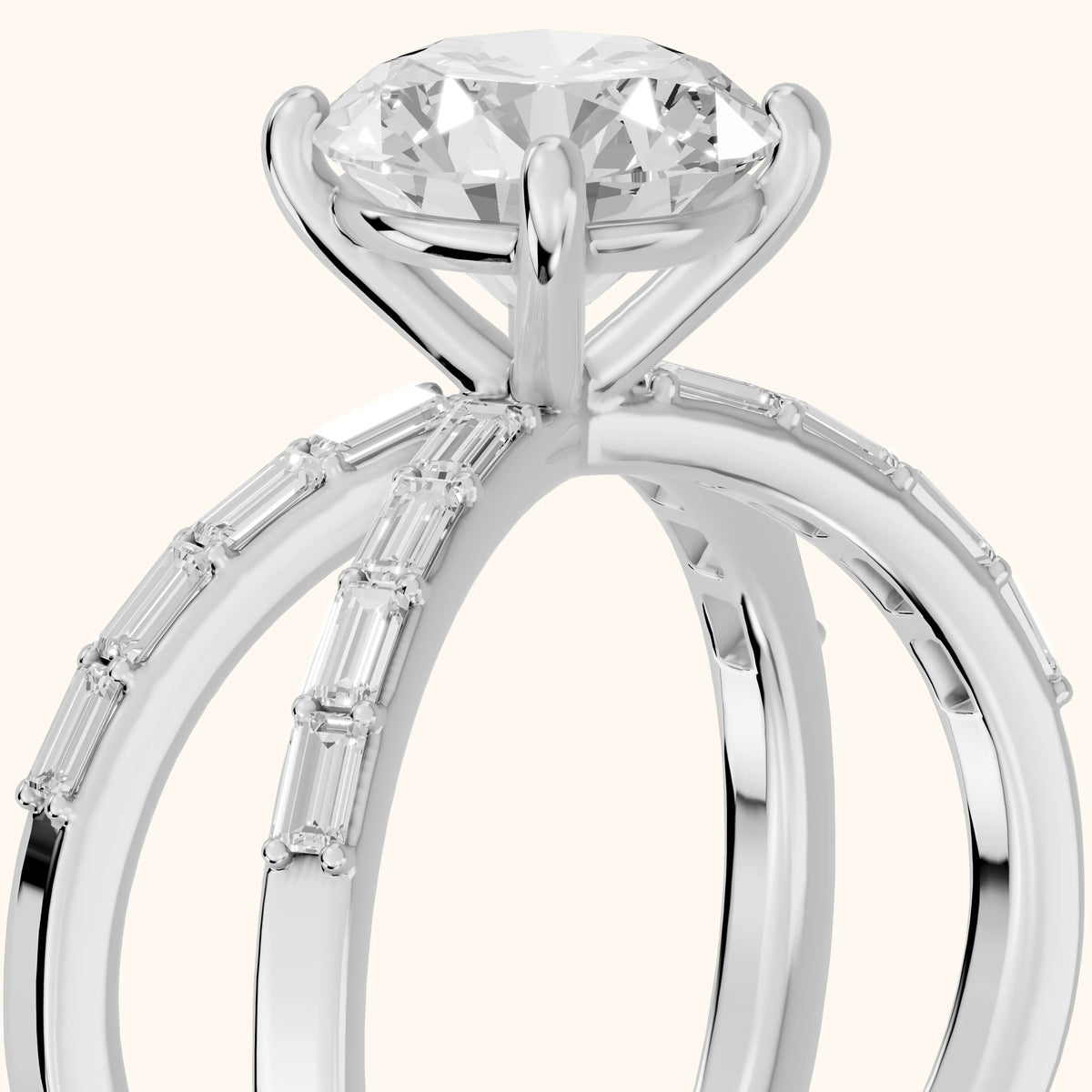 Annie Crossover Baguette Round Diamond Engagement Ring in Silver - slant-view.webp