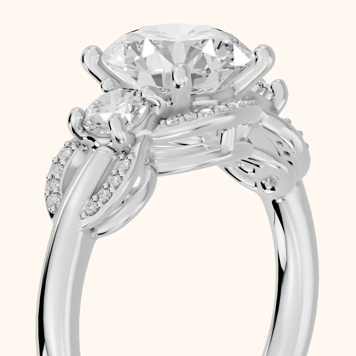 Briar Vine Three-Stone Round Diamond Engagement Ring in Platinum - slant-view.webp