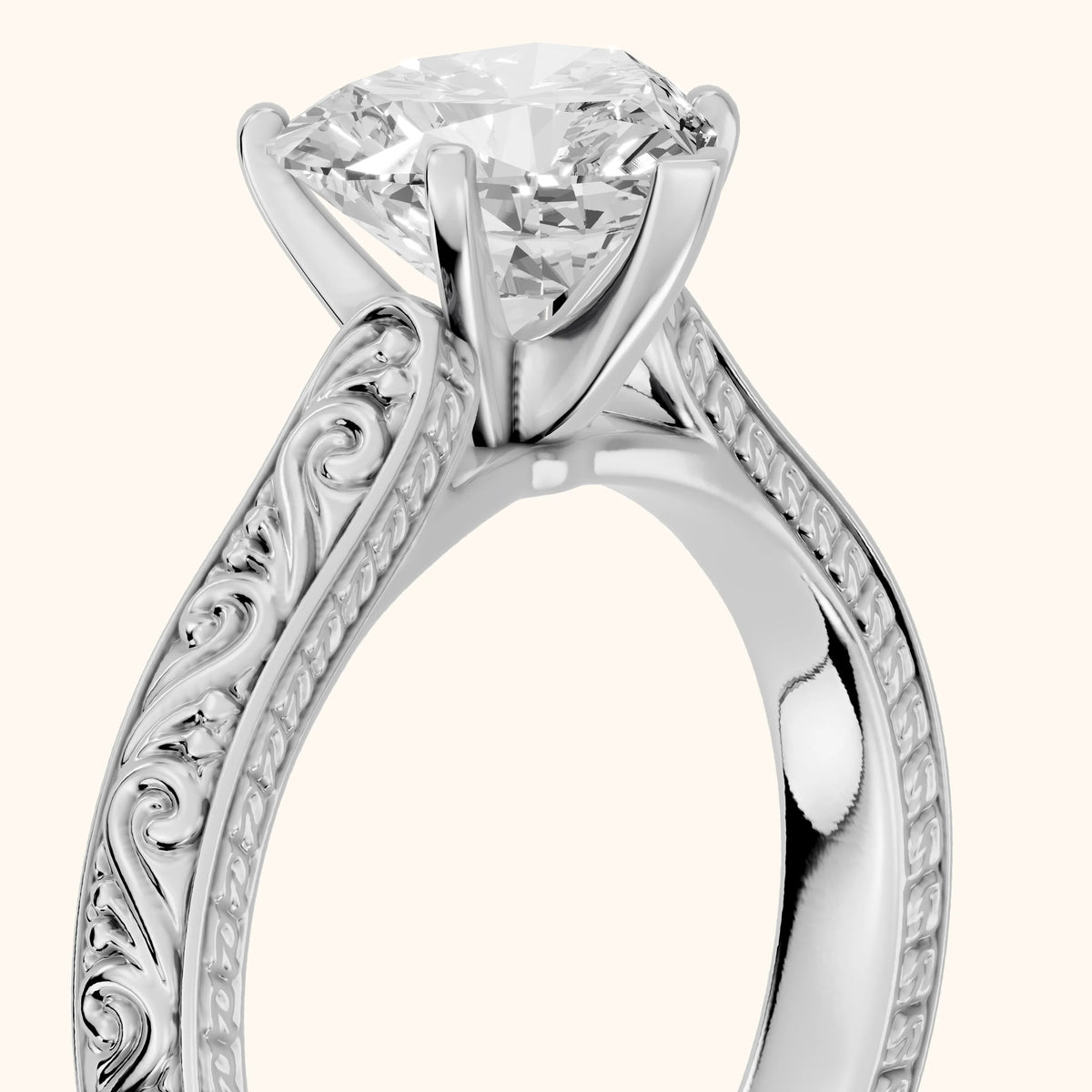 Fia Vintage Engraved Heart Diamond Engagement Ring in Silver - slant-view.webp