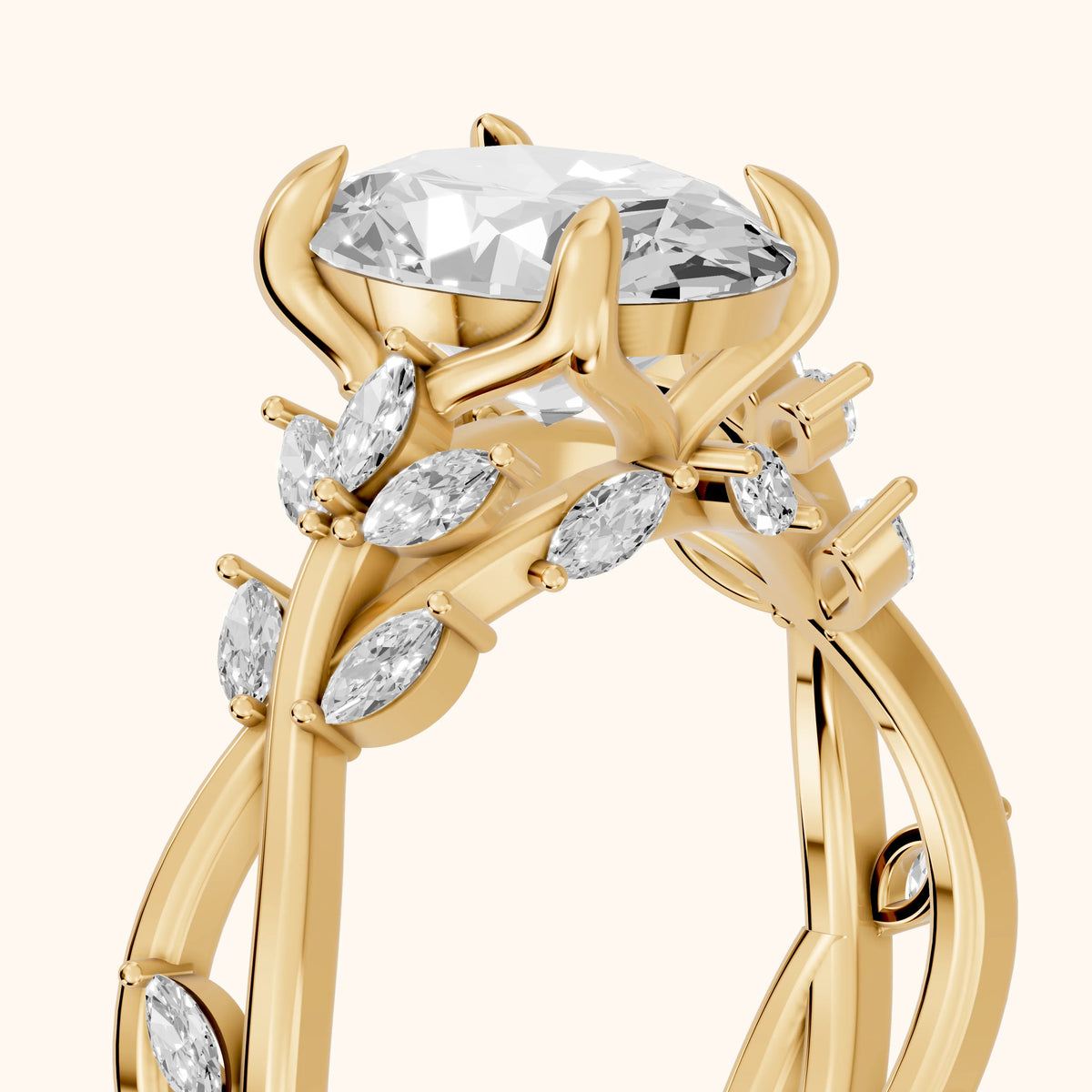 Kona Leaf Twist Oval Diamond Engagement Ring in Yellow Gold - slant-view.webp