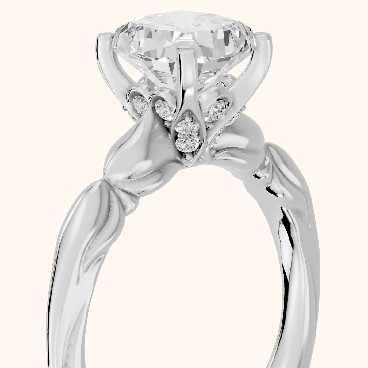 Verena Engraved Leaf Cushion Diamond Engagement Ring in Silver - slant-view.webp