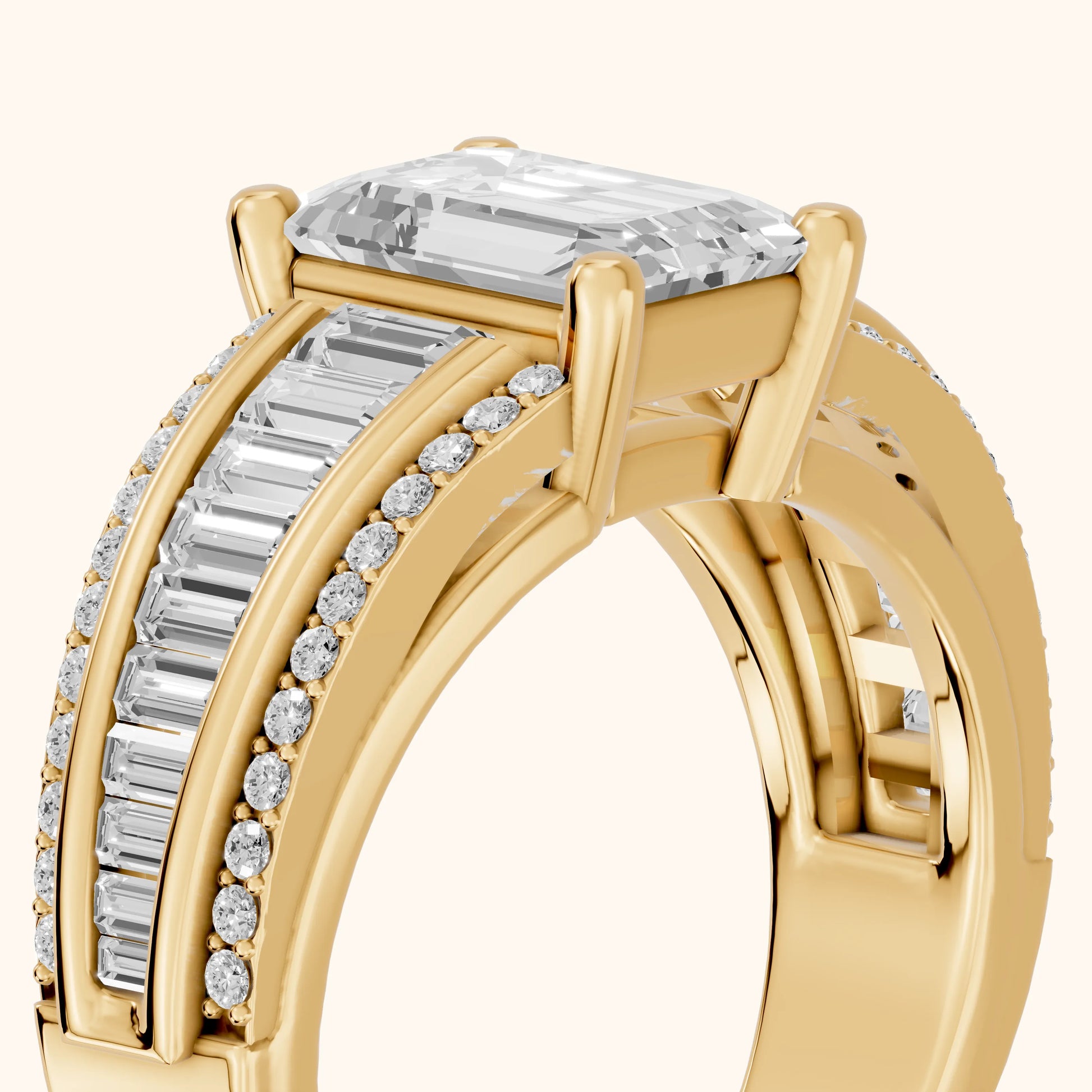 Halle Channel Set Baguette Accent Emerald Diamond Engagement Ring in Yellow Gold - slant-view.webp