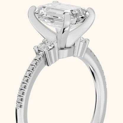 Nerissa Three-Stone Micropavé Emerald Diamond Engagement Ring in White Gold - slant-view.webp
