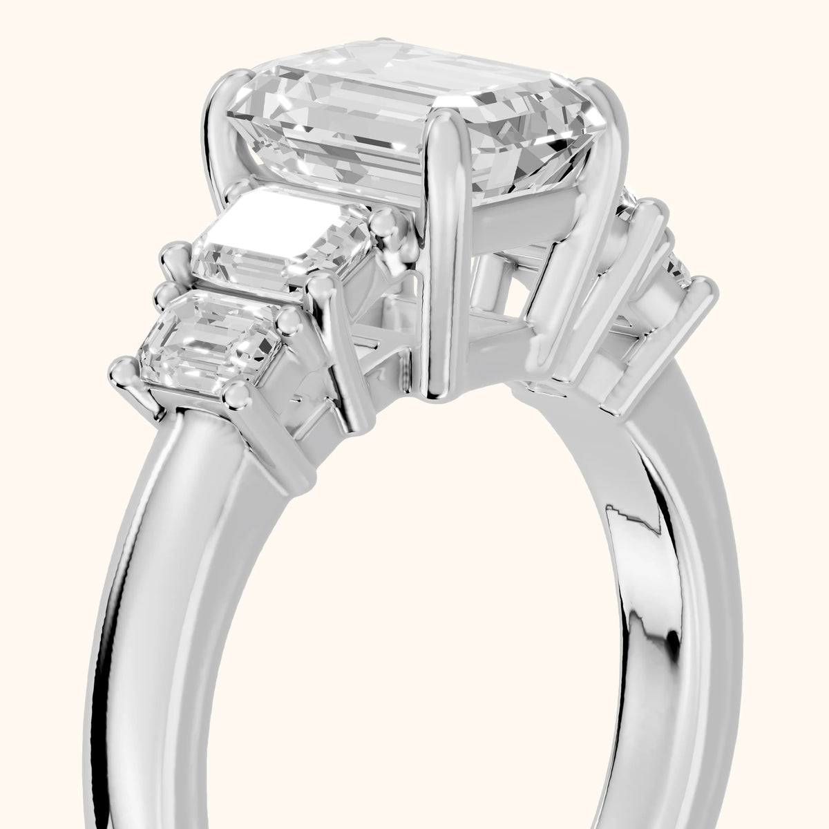 Damaris Baguette Five-Stone Emerald Diamond Engagement Ring in Silver - slant-view.webp
