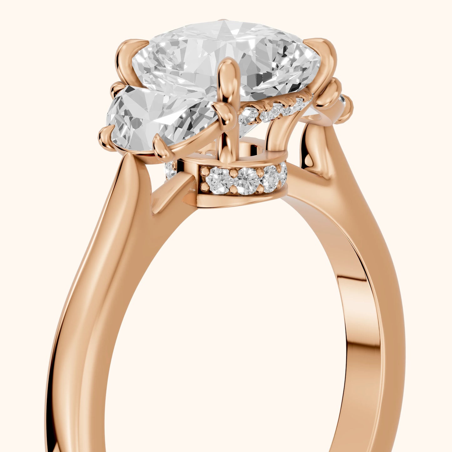 Romy Three-Stone Cushion Diamond Engagement Ring in Rose Gold - slant-view.webp