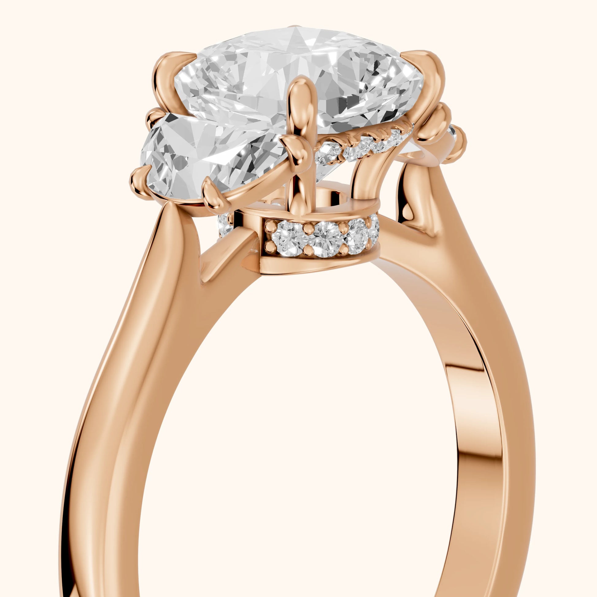 Romy Three-Stone Cushion Diamond Engagement Ring in Rose Gold - slant-view.webp