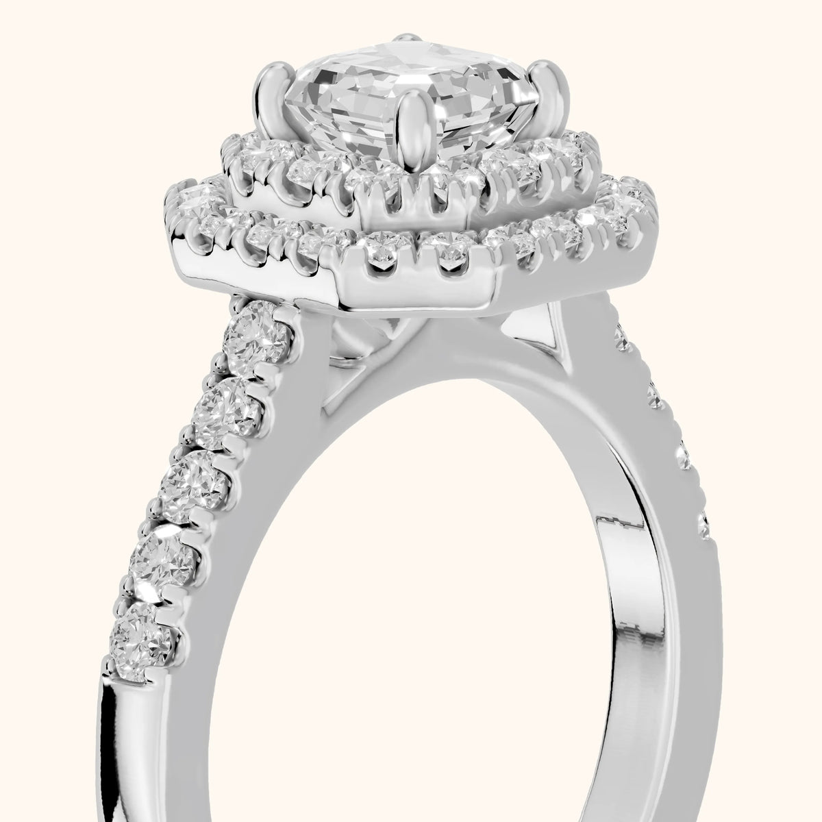 Ashby Double Halo Pavé Asscher Diamond Engagement Ring in White Gold - slant-view.webp