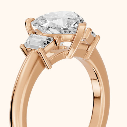 Federica Trapezoid Three-Stone Heart Diamond Engagement Ring in Rose Gold - slant-view.webp